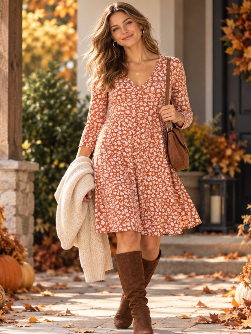 Old Navy Dress Womens L Orange White Floral Long Sleeve Fit Flare Swing Midi